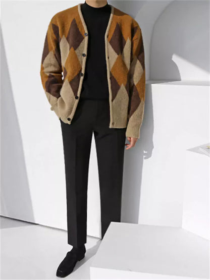 Koreanischer Cardigan mit lockerer Passform, Argyle-Muster und V-Ausschnitt