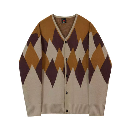 Koreanischer Cardigan mit lockerer Passform, Argyle-Muster und V-Ausschnitt