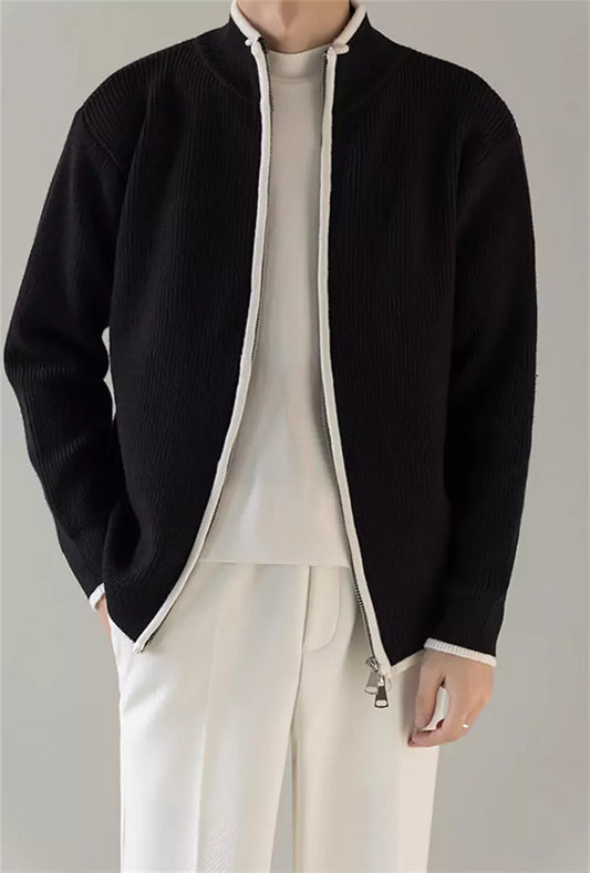 Korean Style Relaxed Knit Cardigan with Stand Collar and Zipper