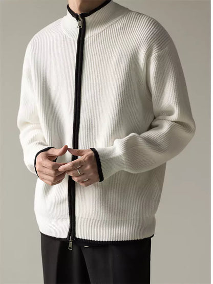 Korean Style Relaxed Knit Cardigan with Stand Collar and Zipper