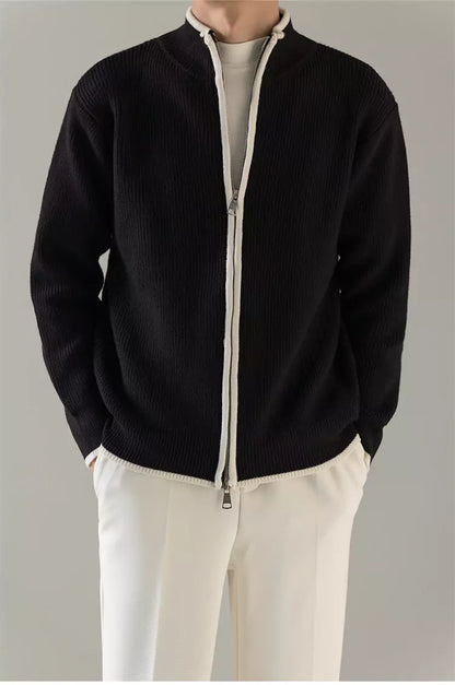 Korean Style Relaxed Knit Cardigan with Stand Collar and Zipper