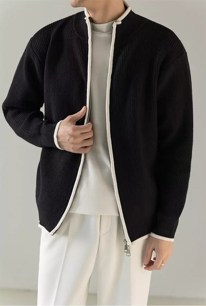 Korean Style Relaxed Knit Cardigan with Stand Collar and Zipper