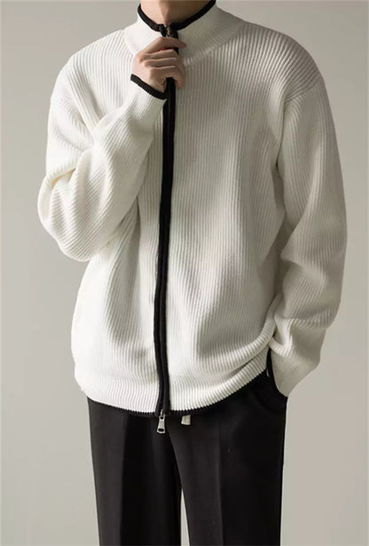 Korean Style Relaxed Knit Cardigan with Stand Collar and Zipper