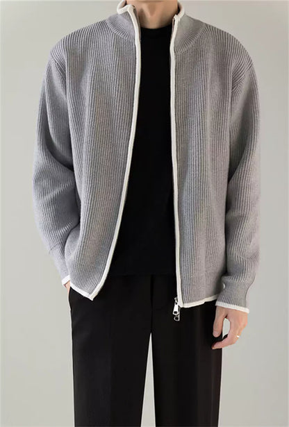 Korean Style Relaxed Knit Cardigan with Stand Collar and Zipper