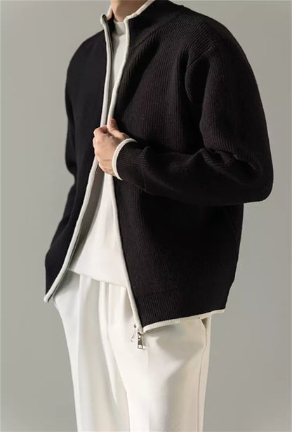 Korean Style Relaxed Knit Cardigan with Stand Collar and Zipper
