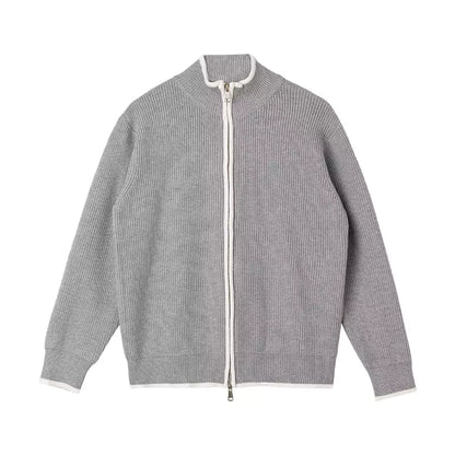 Korean Style Relaxed Knit Cardigan with Stand Collar and Zipper