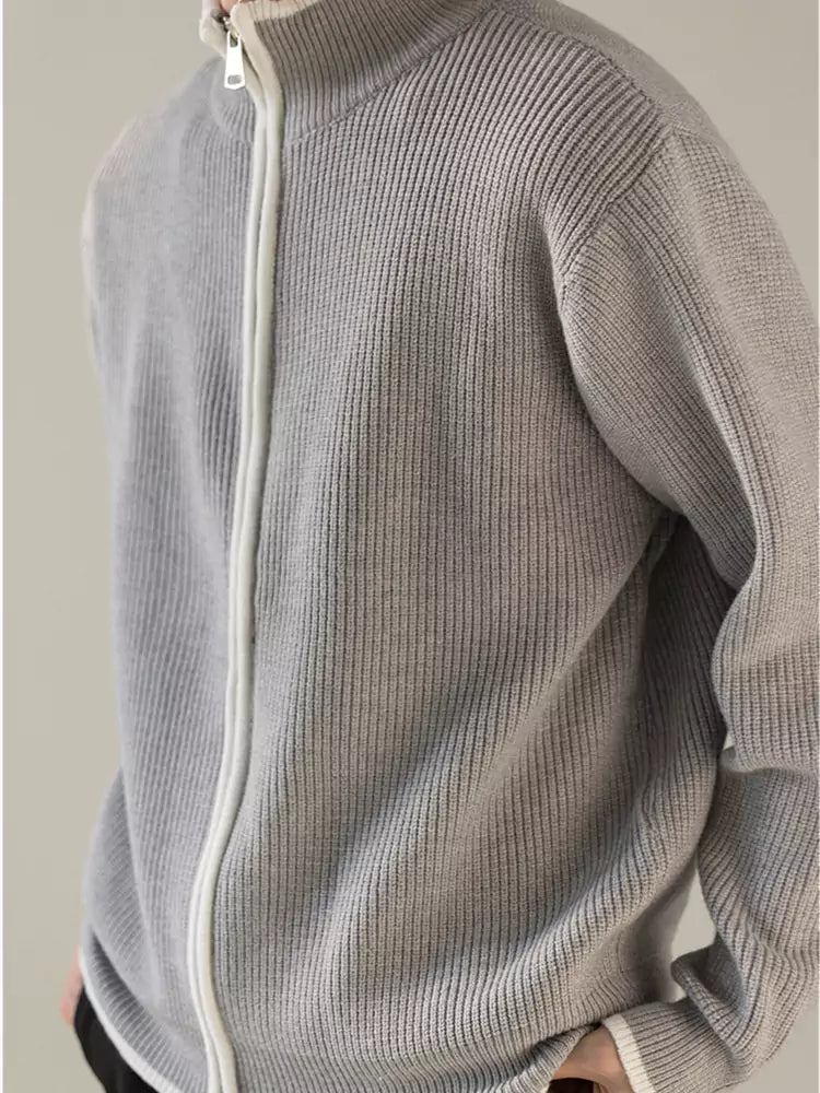 Korean Style Relaxed Knit Cardigan with Stand Collar and Zipper