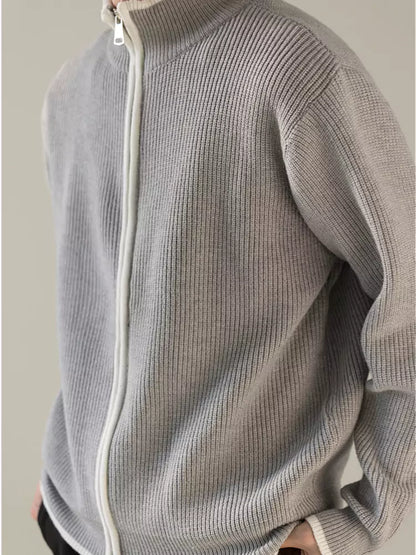 Korean Style Relaxed Knit Cardigan with Stand Collar and Zipper