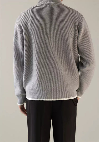 Korean Style Relaxed Knit Cardigan with Stand Collar and Zipper