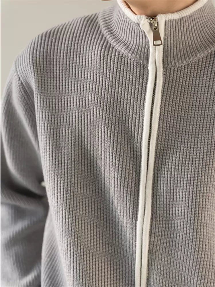 Korean Style Relaxed Knit Cardigan with Stand Collar and Zipper