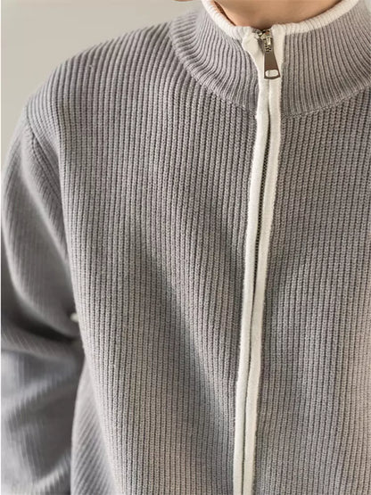 Korean Style Relaxed Knit Cardigan with Stand Collar and Zipper