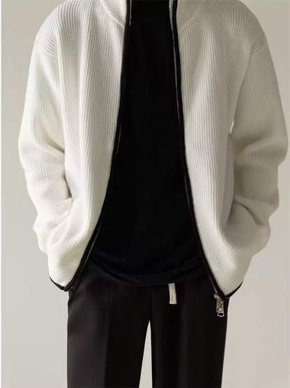Korean Style Relaxed Knit Cardigan with Stand Collar and Zipper