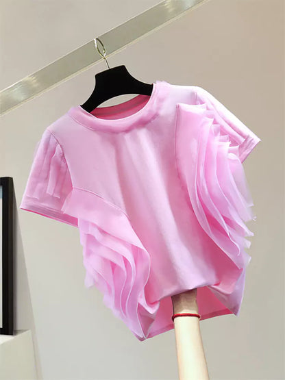 Korean Style Solid Color T-shirt with Chiffon Patchwork and Ruffles