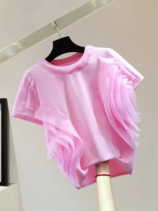 Korean Style Solid Color T-shirt with Chiffon Patchwork and Ruffles