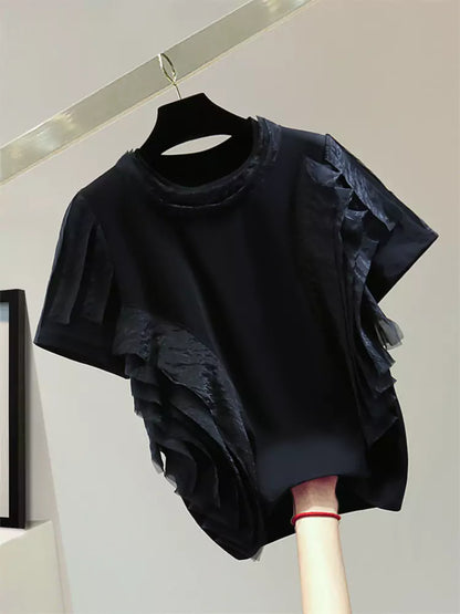 Korean Style Solid Color T-shirt with Chiffon Patchwork and Ruffles