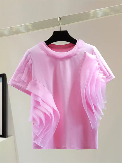 Korean Style Solid Color T-shirt with Chiffon Patchwork and Ruffles