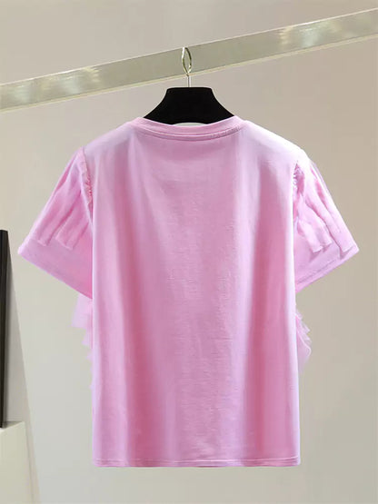 Korean Style Solid Color T-shirt with Chiffon Patchwork and Ruffles