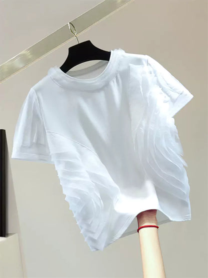 Korean Style Solid Color T-shirt with Chiffon Patchwork and Ruffles