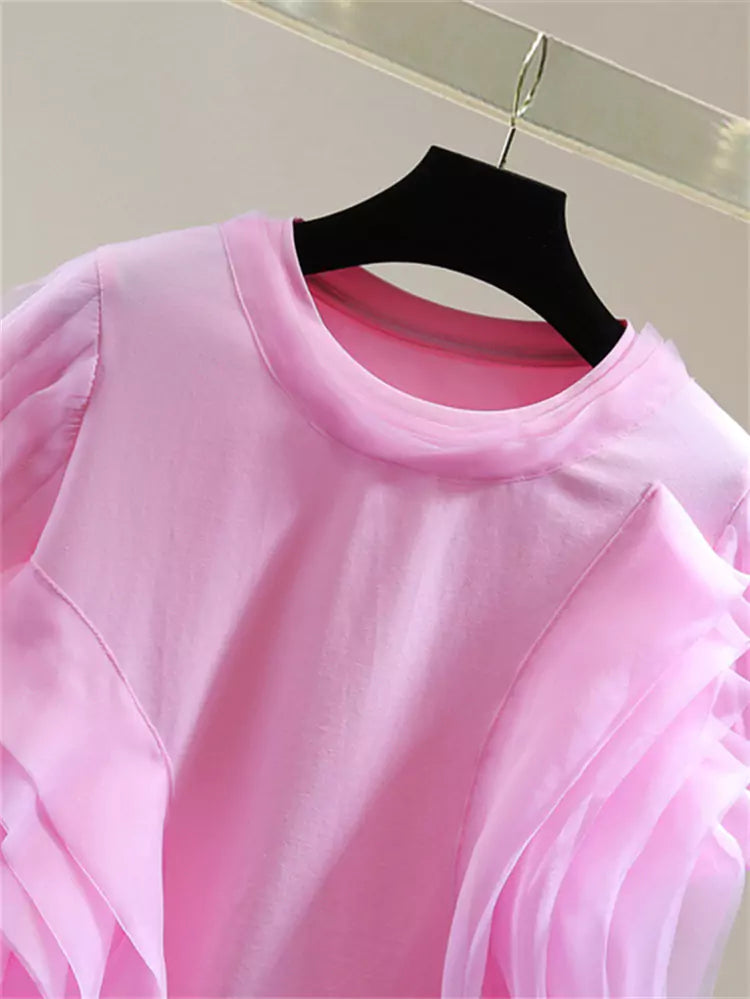 Korean Style Solid Color T-shirt with Chiffon Patchwork and Ruffles