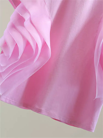 Korean Style Solid Color T-shirt with Chiffon Patchwork and Ruffles