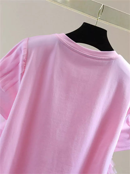 Korean Style Solid Color T-shirt with Chiffon Patchwork and Ruffles