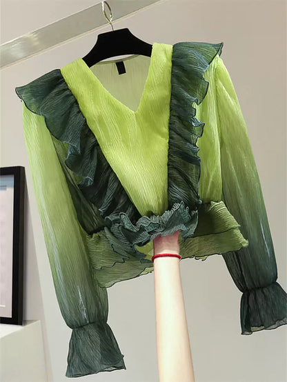 Korean Style Sun Protection Gradient Color V-Neck Ruffle Blouse