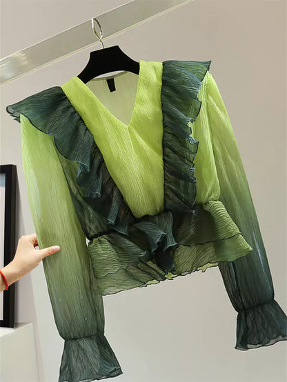Korean Style Sun Protection Gradient Color V-Neck Ruffle Blouse