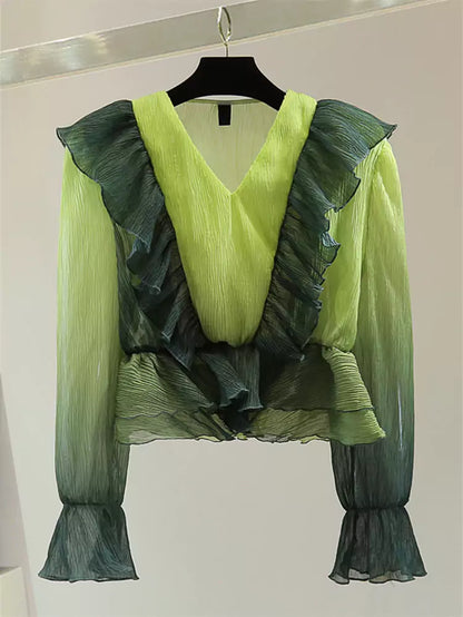 Korean Style Sun Protection Gradient Color V-Neck Ruffle Blouse