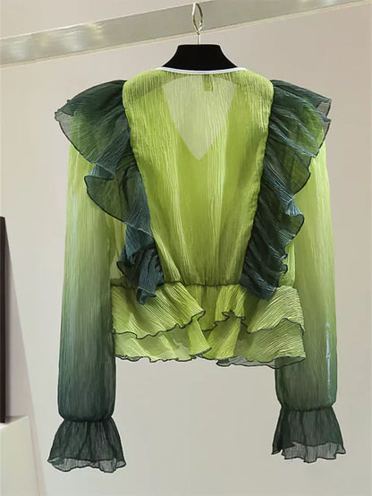 Korean Style Sun Protection Gradient Color V-Neck Ruffle Blouse