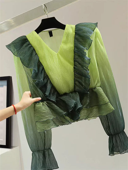 Korean Style Sun Protection Gradient Color V-Neck Ruffle Blouse