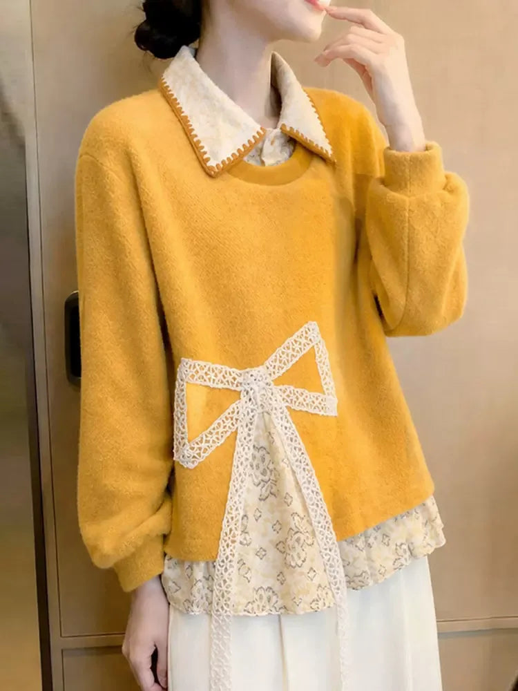 Lace Bow Contrast Collar Faux Layered Knit Sweater