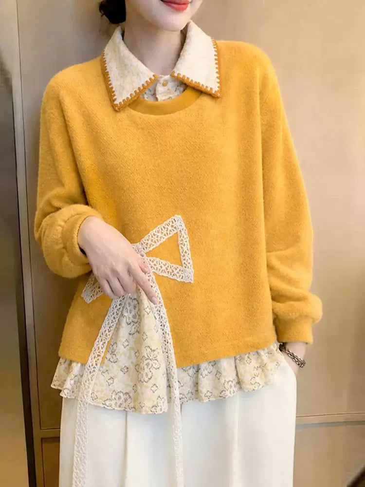 Lace Bow Contrast Collar Faux Layered Knit Sweater