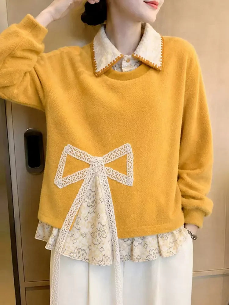 Lace Bow Contrast Collar Faux Layered Knit Sweater