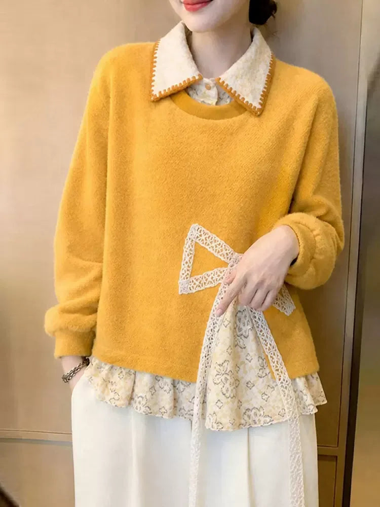 Lace Bow Contrast Collar Faux Layered Knit Sweater