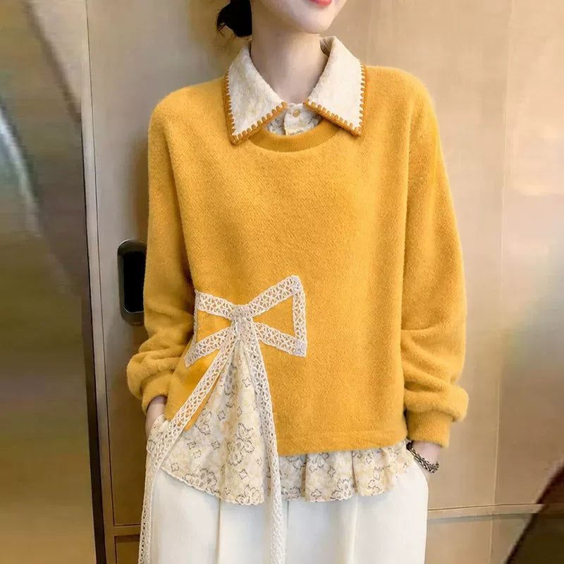 Lace Bow Contrast Collar Faux Layered Knit Sweater