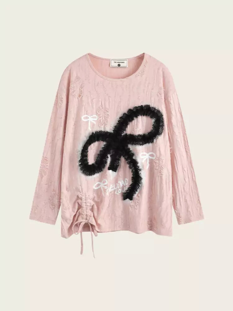 Lace Bowknot Side Drawstring Long Sleeve Tee