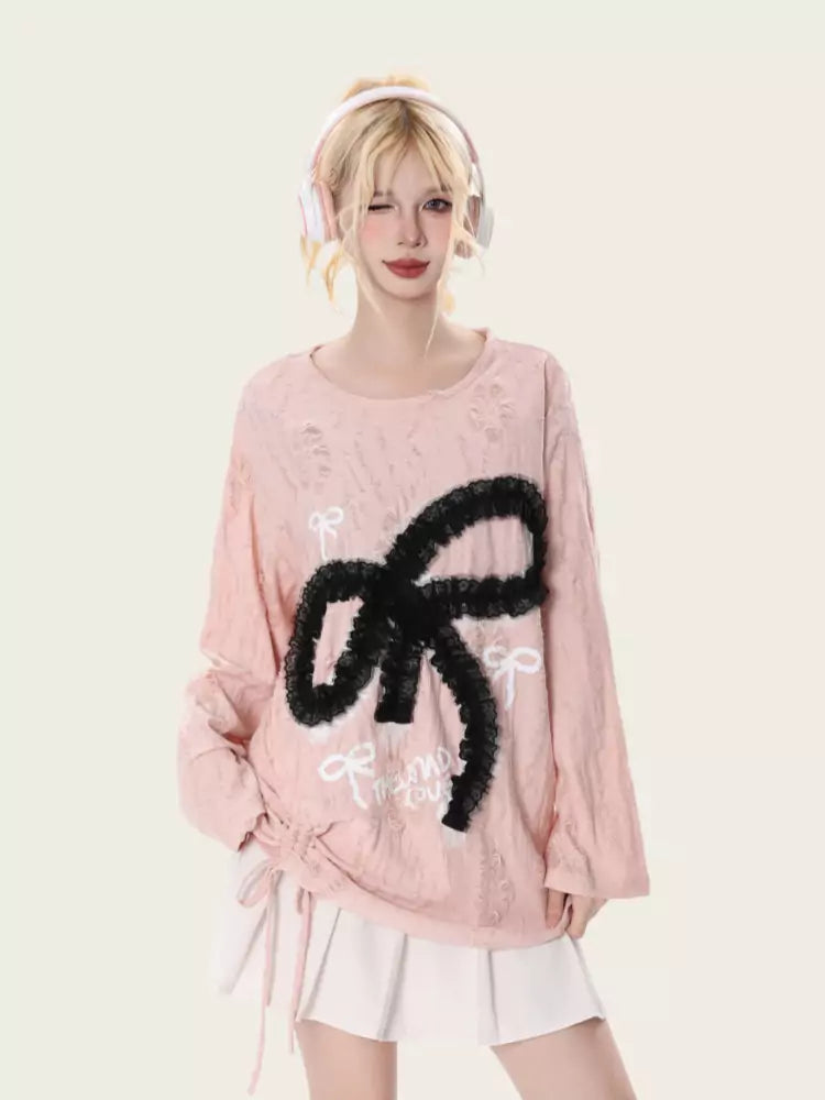 Lace Bowknot Side Drawstring Long Sleeve Tee