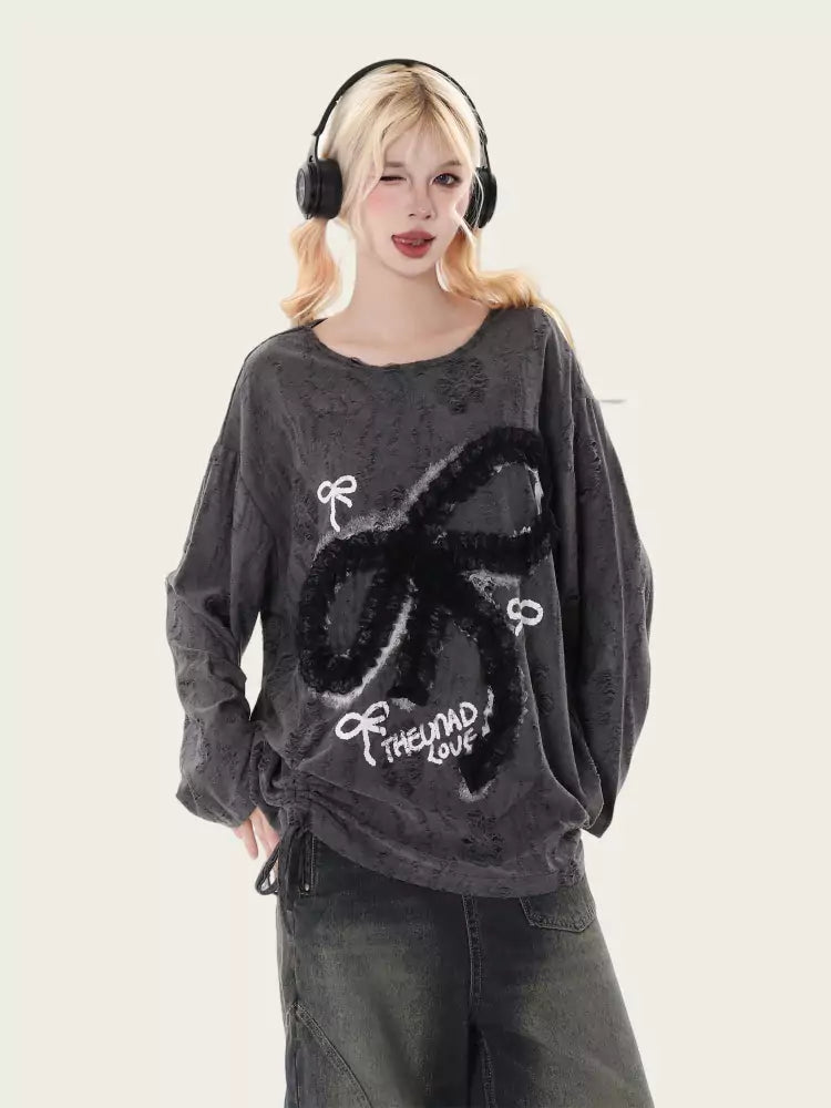 Lace Bowknot Side Drawstring Long Sleeve Tee