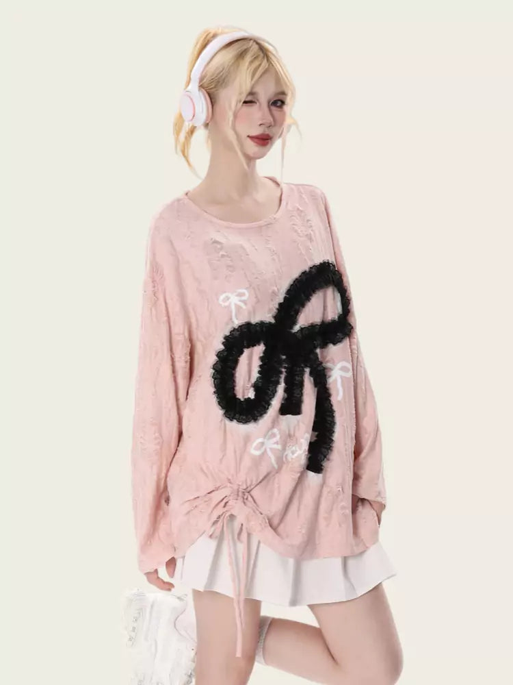 Lace Bowknot Side Drawstring Long Sleeve Tee