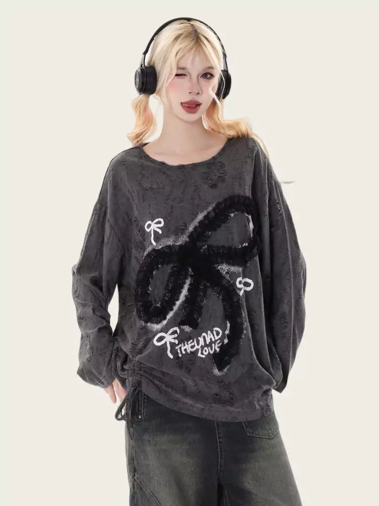 Lace Bowknot Side Drawstring Long Sleeve Tee