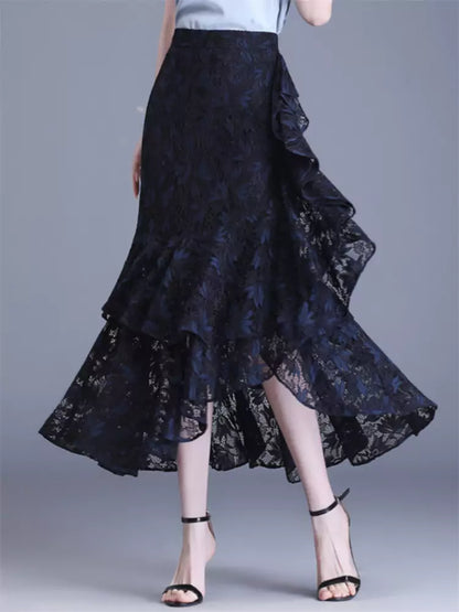 Damen-Spitzenrock mit hohem Bund und asymmetrischem Schnitt, figurbetont, Midi-Länge