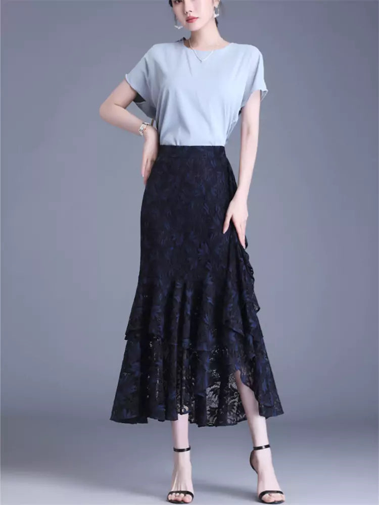 Women's Lace High Waist Irregular Bodycon Midi Skirt