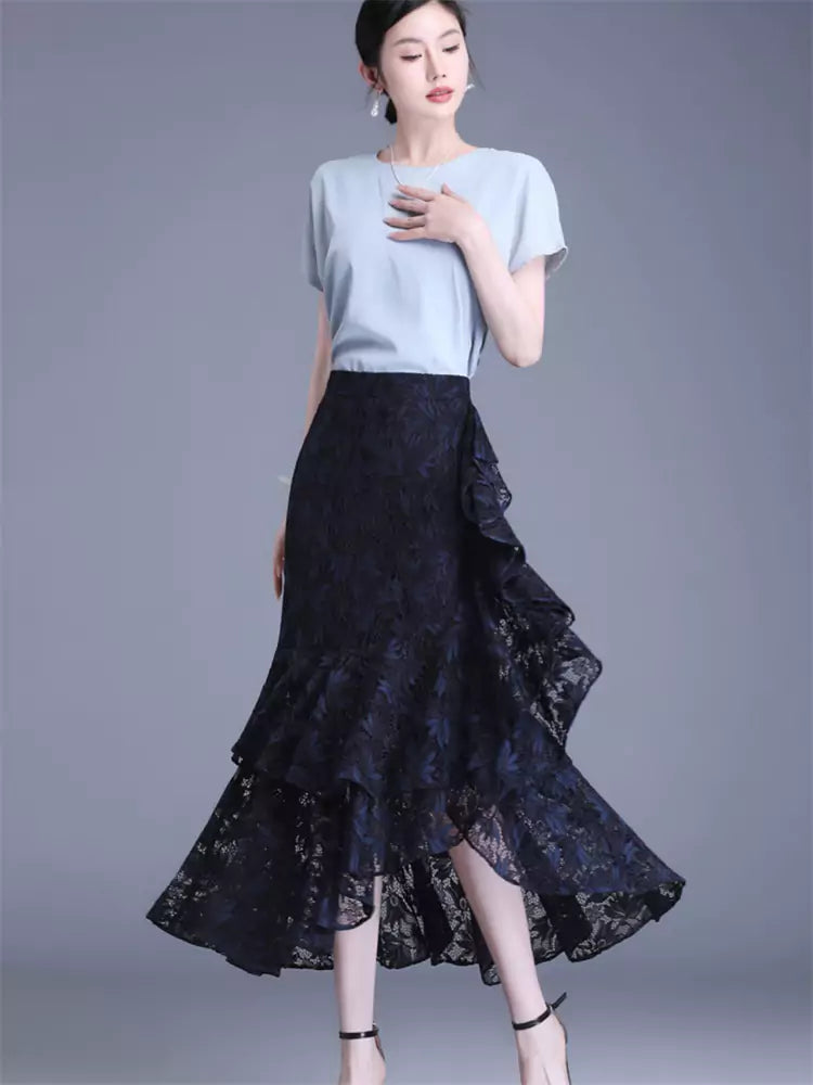 Damen-Spitzenrock mit hohem Bund und asymmetrischem Schnitt, figurbetont, Midi-Länge