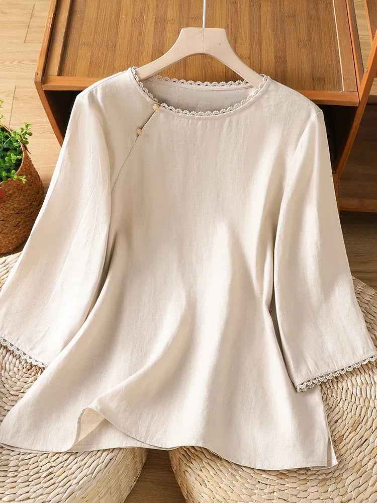 Lace Trim Asymmetrical Placket Three Quarter Sleeve Shirt
