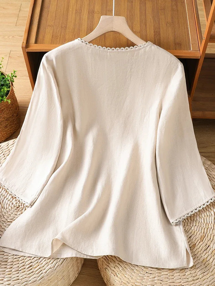 Lace Trim Asymmetrical Placket Three Quarter Sleeve Shirt