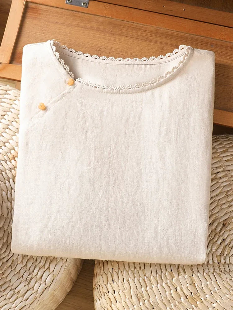 Lace Trim Asymmetrical Placket Three Quarter Sleeve Shirt