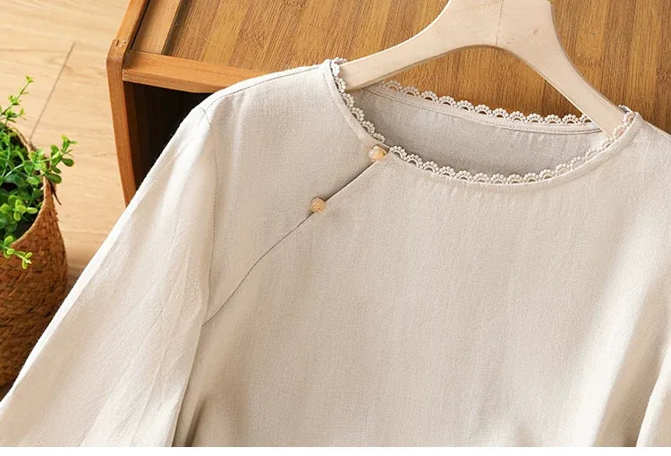 Lace Trim Asymmetrical Placket Three Quarter Sleeve Shirt