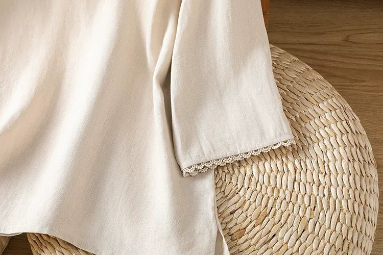 Lace Trim Asymmetrical Placket Three Quarter Sleeve Shirt