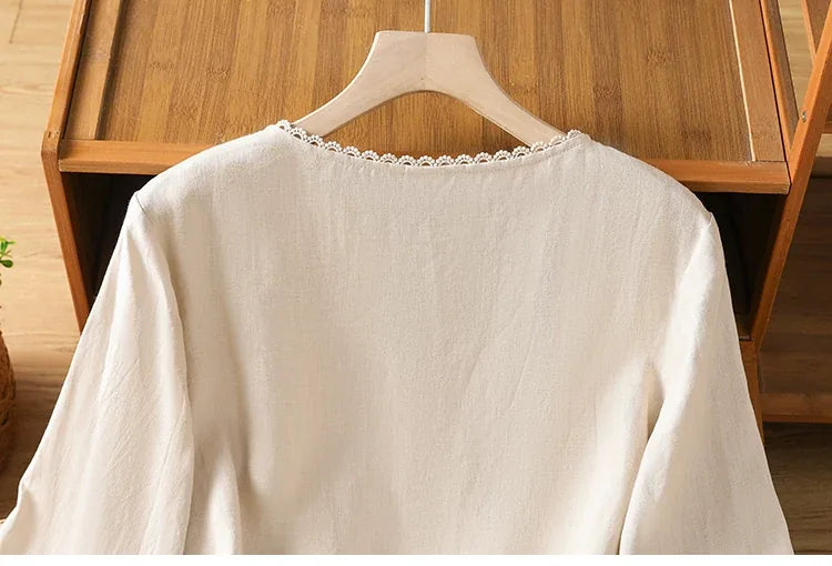 Lace Trim Asymmetrical Placket Three Quarter Sleeve Shirt