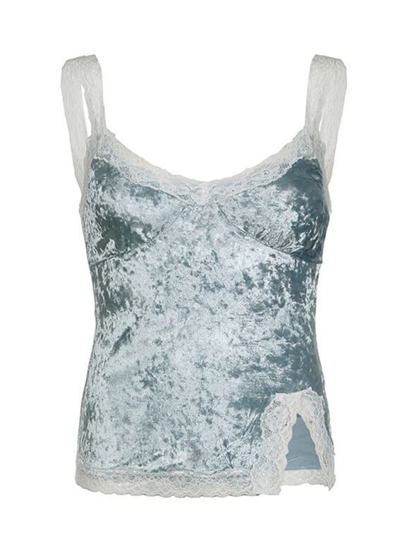 French Style Lace Trim Velvet Cami Top